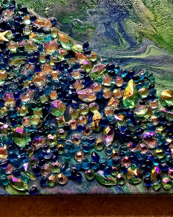 Acrylic Painting Featuring Glass Bead and Shells - Blue Dreams