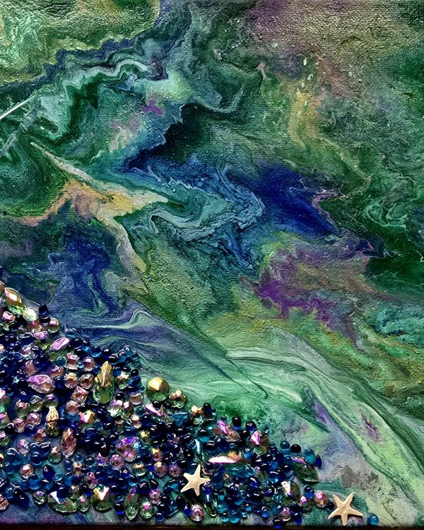 Acrylic Painting Featuring Glass Bead and Shells - Blue Dreams, view 2